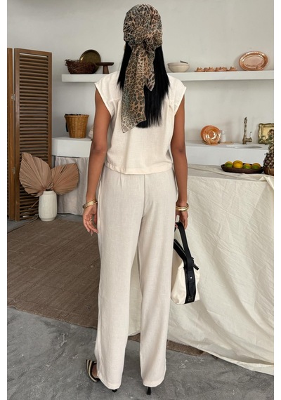 WeShaya Kadın Ekru Kolsuz Polyester Crop Dokuma Takım Ekru