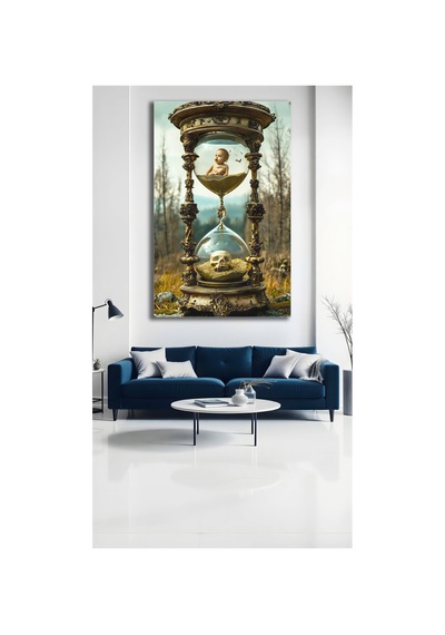 Zamanın Gizemi Cam Tablo Kum Saati Ve Yaşam Ölüm Temalı Sürrealist Dekoratif Duvar Tablosu Vintage Gold Premium Salon Ve Ofis Dekoru