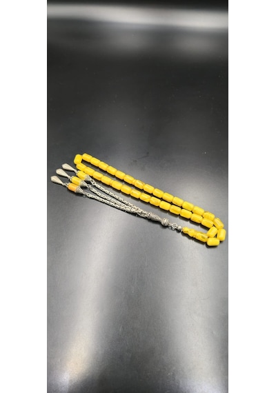 Sıkma Kehribar Tespih 8x12,5 Mm 925 Ayar Gümüş Püsküllü Koyu Sarı