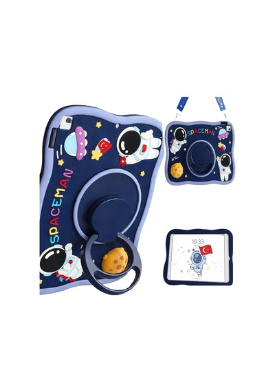 Samsung Galaxy Tab A11 Plus İle Uyumlu Kılıf 360 Derece Döner Stand Yatay Dikey Kullanılabilir, Kawaii Askılı Tasarım Kalem Yuvası Özellikli Sevimli Space-man Tasarımı