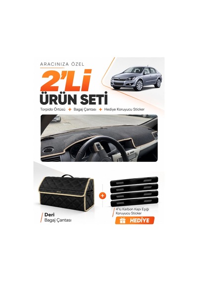 Opel Astra H 2003-2014 Uyumlu Torpido Örtüsü + Deri Bagaj Çantası + Sticker Seti - Siyah Bej