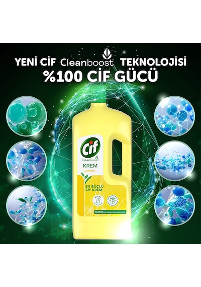 Cif Krem Yüzey Temizleyici Limon Kokulu Yağ ve Kireç Sökücü Leke Çıkarıcı 3 x 1500 ML