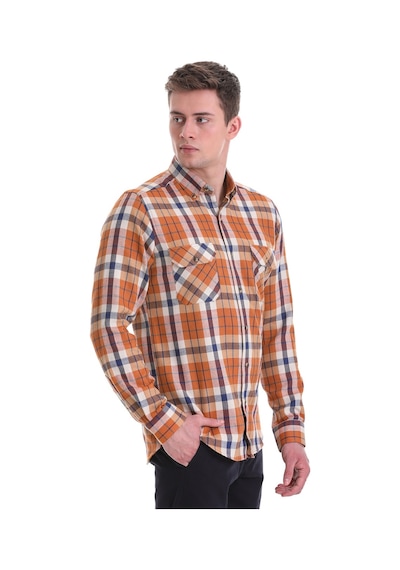 Hatemoğlu Turuncu Slim Fit Kareli 100% Pamuklu Düğmeli Yaka Uzun Kollu Cas Turuncu
