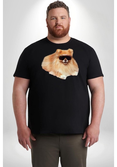 Angemiel Pomernian Köpek Siyah Büyük Beden Erkek Kadın Unisex Basic Ön Baskılı Tişört Siyah