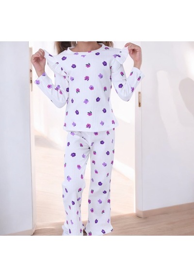 Yeni Sezon Kız Çocuk Fitilli Alt Üst Ekru Üzeri Mor Çiçek Desenli Pijama Takımı Uzun Beyaz - Siyah