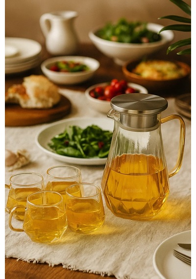 5 Parça Cam Sürahi Ve Bardak Seti Metal Kapaklı 1500 Ml Sürahi + 4 Adet 350 Ml Bardak