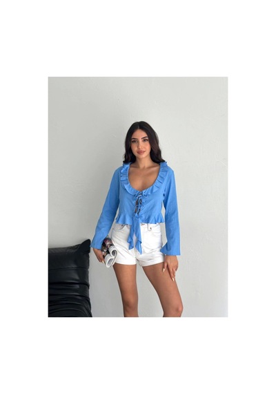Butik İstanbul Keten Uzun Kol Bağacık Detaylı Bluz - Mavi