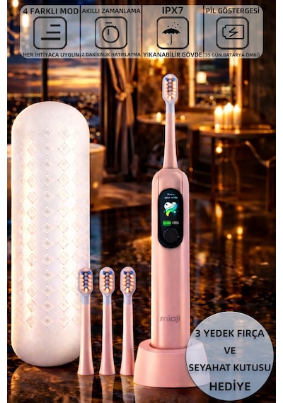 Mioji Oral B8 Care Şarj Edilebilir Diş Fırçası Pembe + 3 Yedek Başlık ve Taşıma Çantası