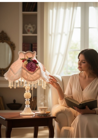 İpek Pudra Pembe Kadife Kumaş Gece Lambası Abajur Salon Ve Yatak Odası Dekorasyon Vintage Ab0014p