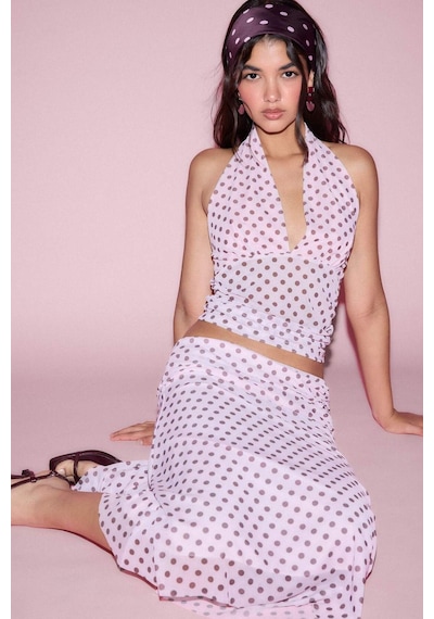 Defacto Fıtted Puantiye Halter Yaka Tül Pembe Bluz H5916ax26smpn440 Pembe-pn440