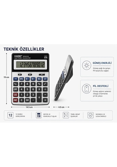 Hesap Makinesi, 12 Haneli, Büyük Lcd Ekranlı, Güneş Enerjili, Pil Destekli, Otomatik Kapanmalı, Masaüstü, Ofis, Muhasebe, Okul Hesap Makinesi Büyük Boy Çok Renkli