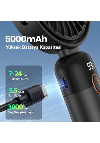 Warmco K70 Taşınabilir Şarjlı El Vantilatörü 2400mah 360 Döner Başlıklı Ve Standlı Dijital Ekranlı Soğutucu Fan Siyah