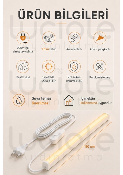 220v Amber Led Bar 50 Cm Fişli Anahtarlı Yapışkanlı Tezgah Altı Dolap İçi Aydınlatma