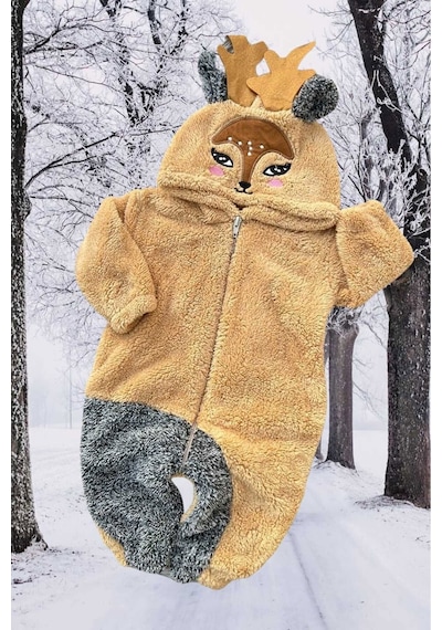 Baby Animals Welsoft Peluş Fermuarlı Kışlık Unisex Kız Erkek Bebek Uyku Tulumu Bebek Tulumu Çocuk Tulumu Kostümü Altın