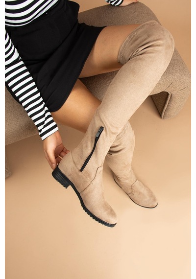 Shoetek Izabella Kadın Çizme Fermuarlı Streçli Vizon Süet Vizon Süet