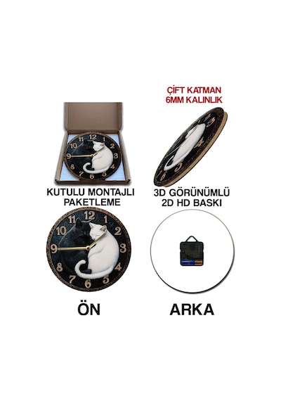 Siyah Ve Beyaz Kedi Figürlü Mdf Duvar Saati Çift Katmanlı Sessiz Mekanizmalı 33 Cm Sdw033 Renkli