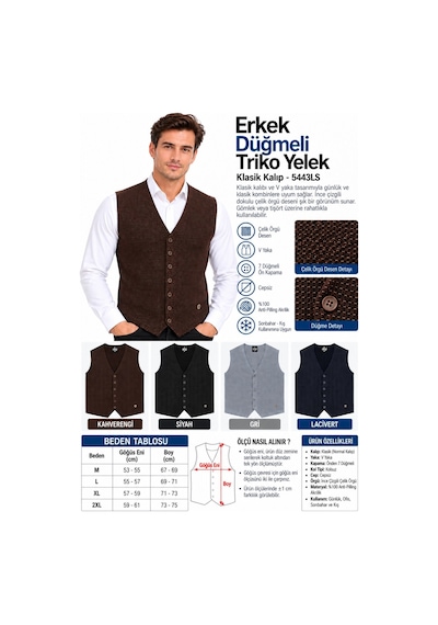 Çizgi Triko Erkek Klasik Kalıp V Yaka Düğmeli Çelik Örgü Triko Yelek Bgl-st05800 Siyah