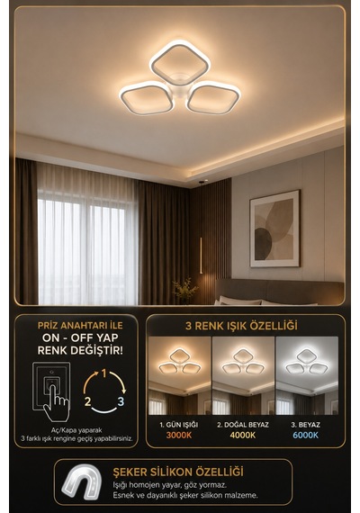 Liya Modern Tasarım Plafonyer Beyaz Avize 3lü Renk Gün Işığı, Beyaz Ve Sarı Işıklı Ledli Banyo - Mutfak - Salon Ledli Plafonyer Avize