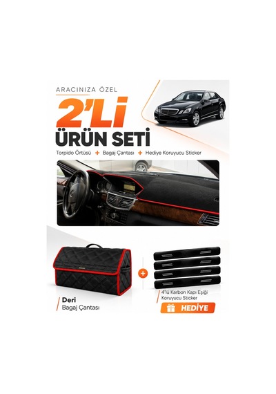 E-biz Mercedes W212 2010-2013 Uyumlu Torpido Örtüsü + Deri Bagaj Çantası - Siyah-kırmızı - Mb014