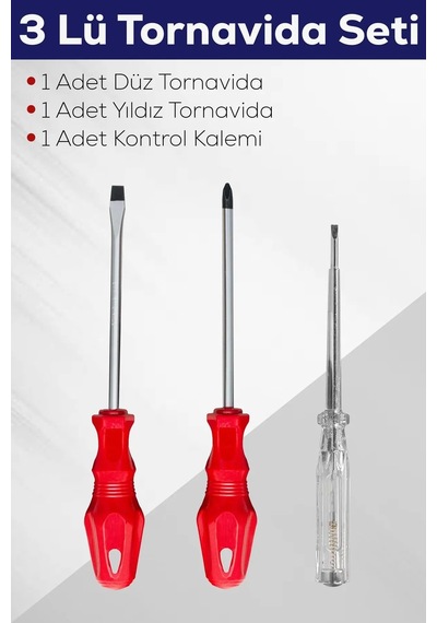 2'li Avuç İçi & 3 Parça Tornavida Seti Düz,yıldız Tornavida,kontrol Kalemi&2 Adet Topaç Tornavida