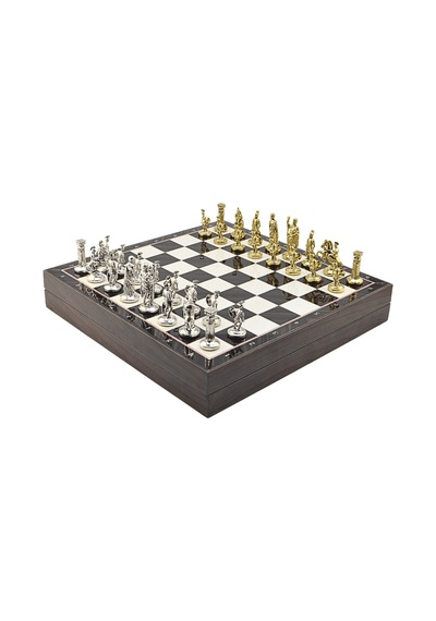 Gifthome Orta Boy Metal Roma İmparatorluğu Satranç Takımı Parlak Ve Ceviz Desenli Sandıklı Mdf Tahtası 36x36x6 Cm.