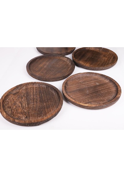 Bambum Patrin Doğal Ahşap Yuvarlak Küçük Tabak 6 Lı Set 25x2 Cm Kahverengi