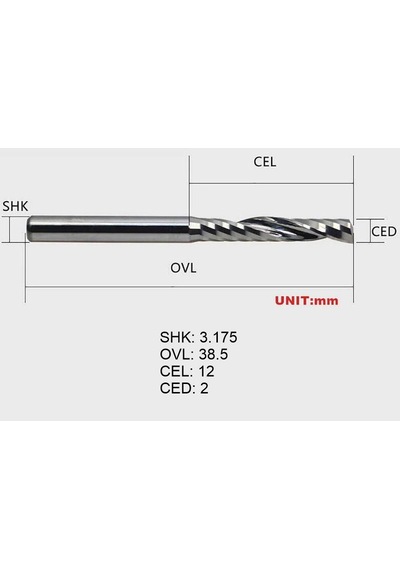 Gravür Tek Kenarlı Freze Bıçağı Spiral Akrilik Kesme 3.175x12mm