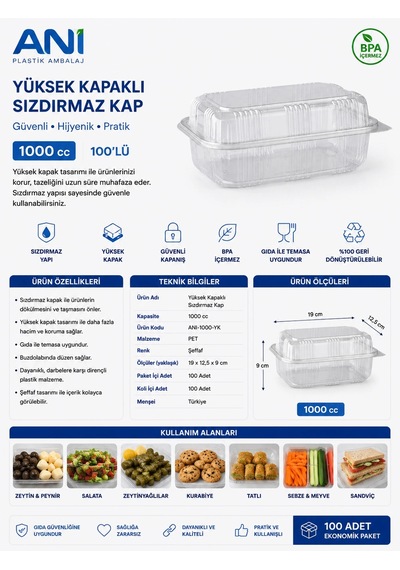 Anı Yüksek Kapaklı Sızdırmaz Kap 1000 Cc 100'lü Ölçüleri: 19x12,5x9 Cm