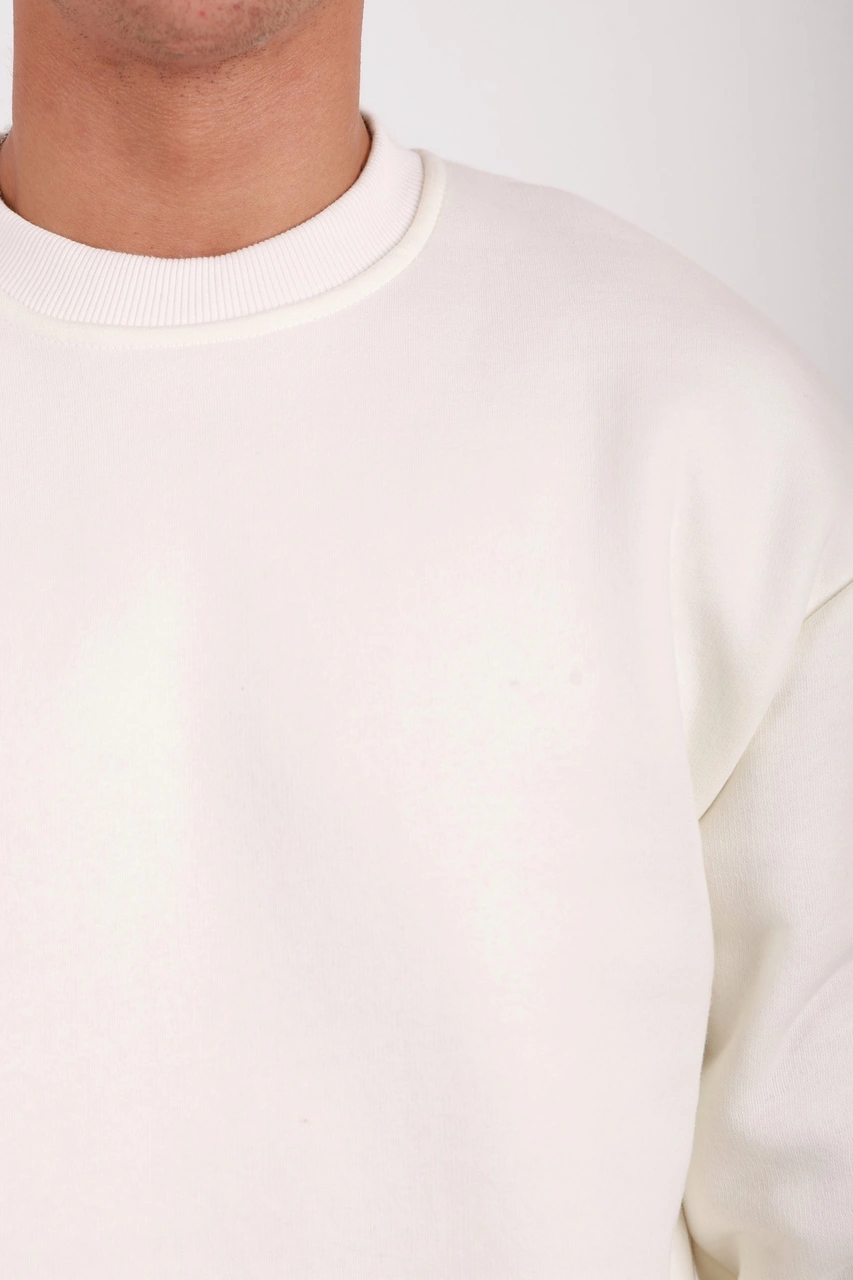 Erkek Standart Fit Bol Kesim %100 Pamuklu Içi Şardonlu 3 Iplik Bisiklet Yaka Sweatshirt Ekru