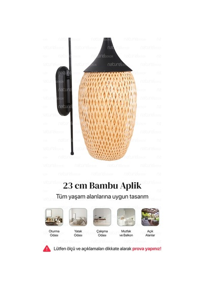 Boja Bambu Siyah Detay Aplik 23x37 Cm İskandinav, Modern, Bohem, Rattan, Aydınlatma Bej