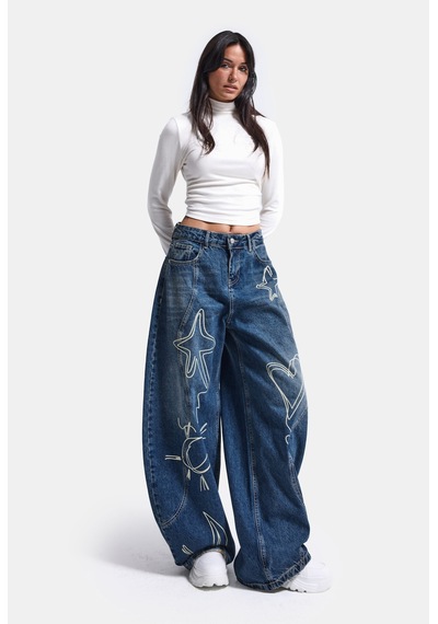 Kadın 2w6-5 Baggy Balloon Nakış Özel Tasarım Denim Jean Mavi