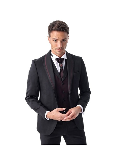 Morven Erkek Siyah Monhattan Slim Fit Dar Kesim Jakarlı Smokin Siyah