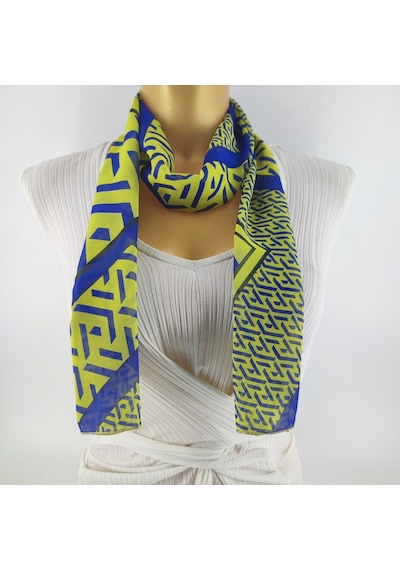 Tedz Collection Paredora Geometrik Desenli Sarı Lacivert Uzun Fular Çok Renkli