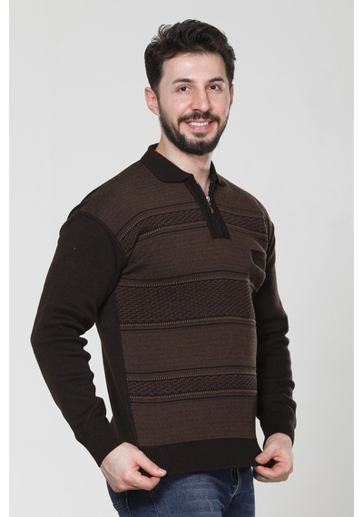 Kzc Tekstil Erkek Baba Orta Yaş Ve Üzeri Triko Örgü Akrilik Kışlık Regular Fit Cepli Fermuarlı Polo Yaka Kazak Kahverengi