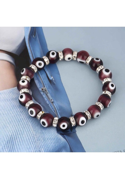 Stretch 10 Mm Koyu Mor Renkli Nazar Boncuklu Kristal Taşlı Rondela Bileklik Diğer
