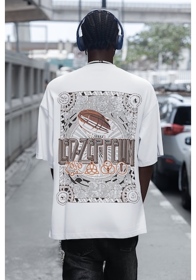 Led Zeppelin Sırt Baskılı Unisex Oversize Rock Metal Müzik Grubu Beyaz