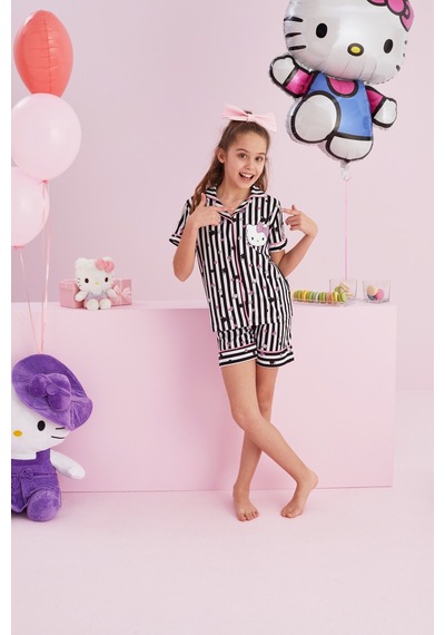 Siyah İnci Lisanslı %100 Pamuk Çok Renkli Düğmeli Biyeli Şort Pijama Takım Hk151 Siyah Beyaz