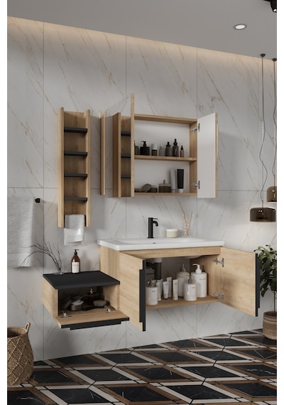 Banyo Zakkum 120 Cm Demonte Lavabolu Banyo Dolabı Dolaplı Aynalı Üst Dolap Havluluk Lefkas Meşe Banyo Zakkum 120 Cm Demonte Lavabolu Banyo Dolabı Dolaplı Aynalı Üst Dolap Havluluk Lefkas Meşe