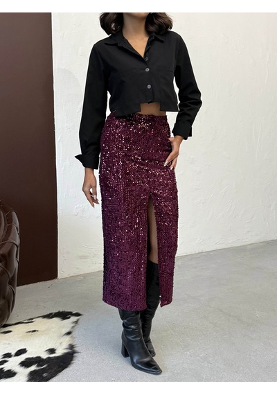 Verymoda Pullu Kadife Uzun Etek F2053 Mürdüm