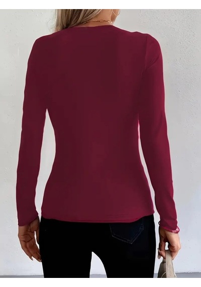 Efnaz Style Kadın Uzun Kollu Yakadan Halka Detaylı Viskon Bluz bordo