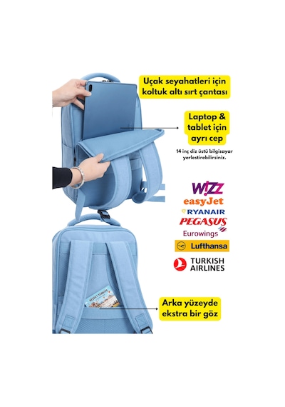 Jet Turtle Seyahat Sırt Çantası 40cm 40x25x15 Cm Pegasus, Wizz Air, Ryanair, El Valizi Koltuk Altı Valizi Buz Mavisi
