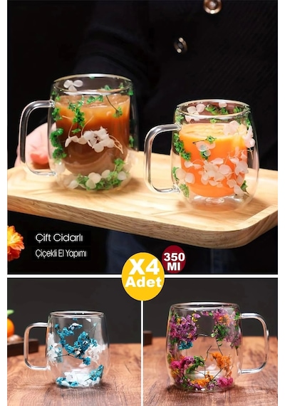 Çiçekli Bardak 4lü Çift Cidarlı Çiçekli Flower Cup Bardak 350 Ml El Yapımı Borosilikat Kulplu Kahve Çok Renkli