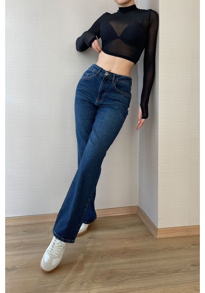 Koyu Mavi Kadın Wide Leg Jean Yüksek Bel Likralı Esnek Kot Pantolon Jessica-kymavi 001