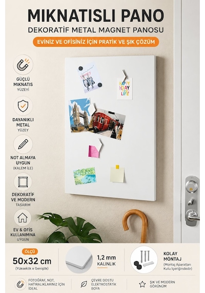 Metal Magnet Panosu 50x32 Cm Mıknatıslı Pano Beyaz Dekoratif , Not Fotoğraf Duvar Panosu 50 x 32 CM