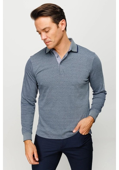 Desen Triko Erkek Polo Yaka Kare Desenli Uzun Kollu Sweatshirt Füme Füme