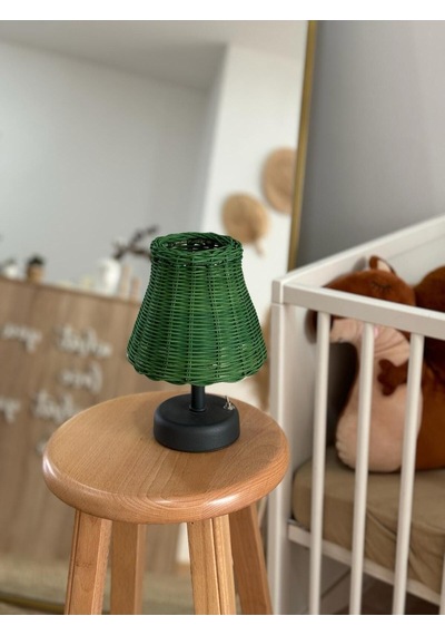 Yeşil Rattan & Bambu Masa Üstü Kablosuz Pilli Abajur Masa Lambası Alt Ayak Antrasit