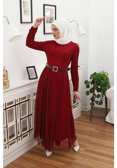 Neşeli Butik Bordo Tesettür Elbise
