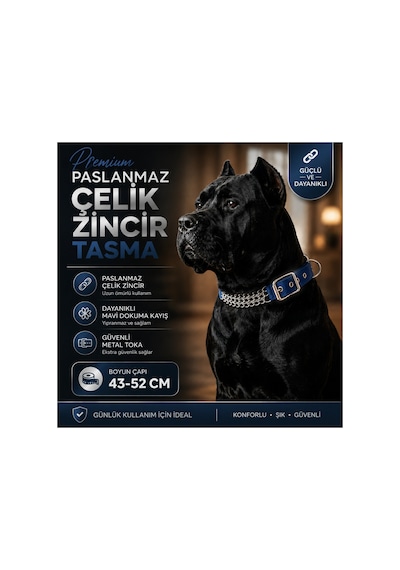 Köpek Zincir Boyun Tasması Paslanmaz Çelik Mavi Dokuma Kayış 43-52 Cm Ayarlanabilir