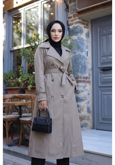 Hb Harma Time Butik Kadın İçi Astarlı Kuşaklı Düğmeli Bej Bondit Trençkot Bej Bej