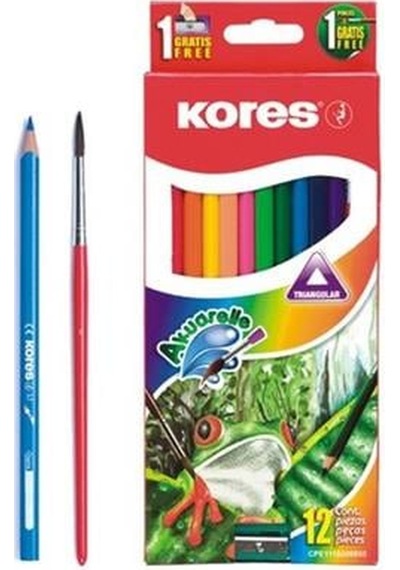 Kores Aquarel Boya Kalemi Kalemtraş + Fırça 12'li Çok Renkli